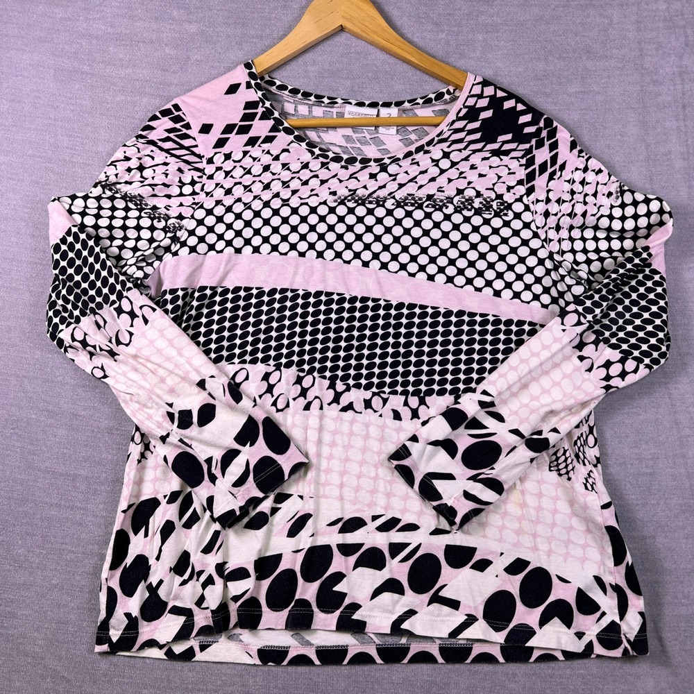 Weekends by Chico's Abstract Dot Long Sleeve T Shirt Womens Size 2 Pink Black